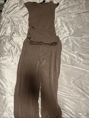 Fashion Nova Brown Ribbed Wide-Leg Knit Jumpsuit